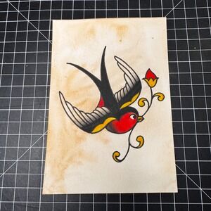 Traditional Tattoo Flash‎ Art Swallow Bird and Rose Handmade Acrylic Painting